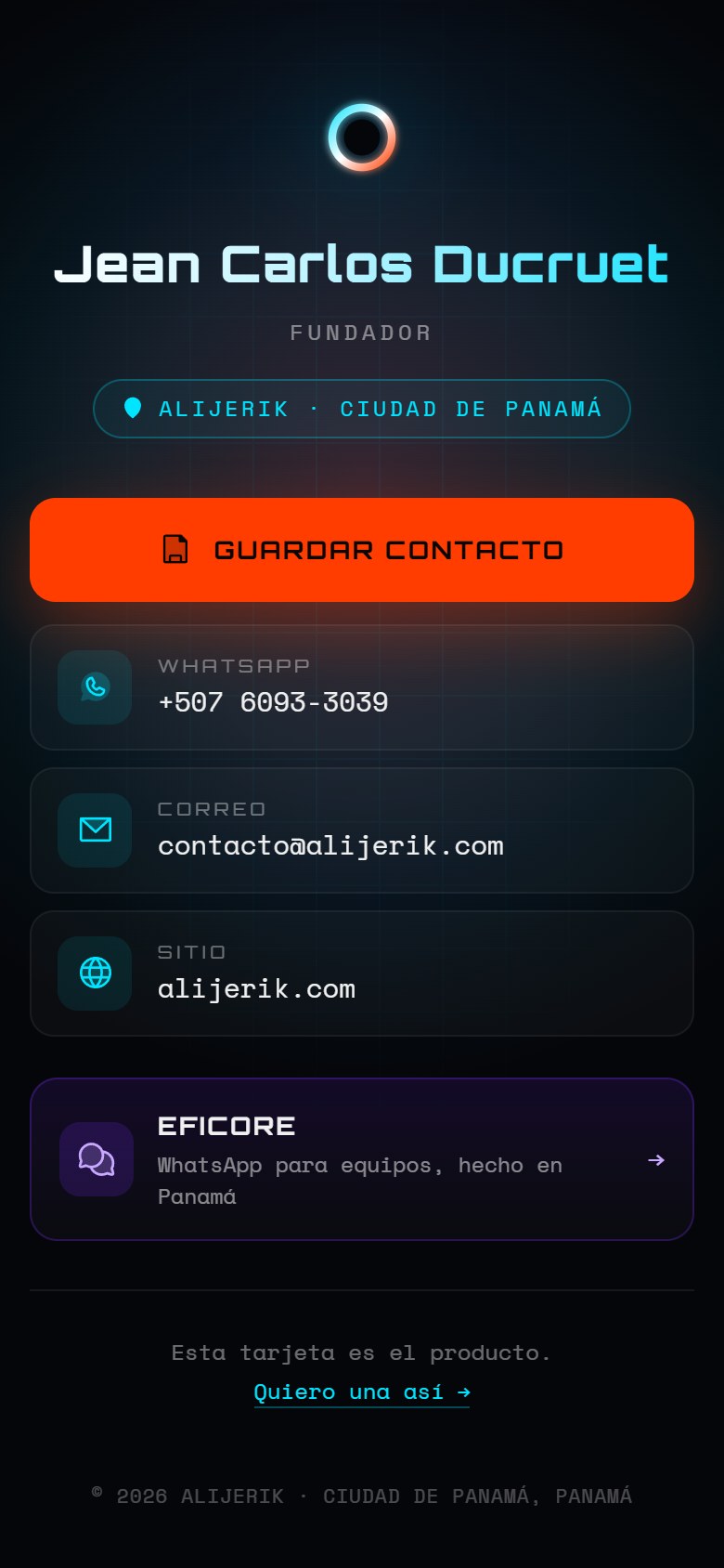 Tarjeta de presentación digital de Jean Carlos Ducruet vista en un teléfono: marca de Alijerik, nombre, cargo, botón de guardar contacto y canales de WhatsApp, correo y sitio.